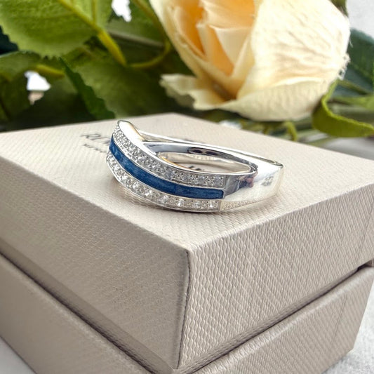 Sterling Silver Crystal Double Wave Wide Memorial Ring
