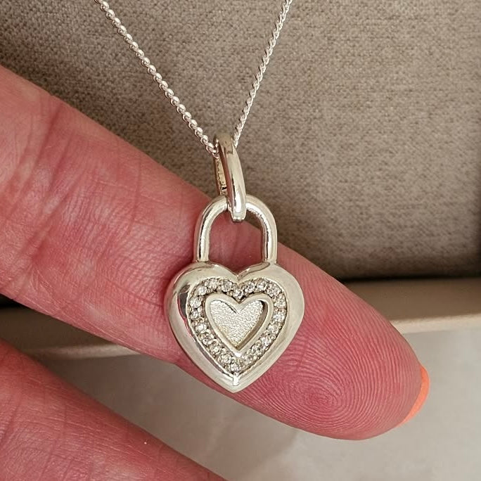 Sterling Silver Crystal Solid Heart Lock Memorial Pendant