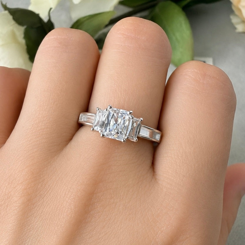 Sterling Silver Triple Emerald Cut Solitaire Memorial Ring