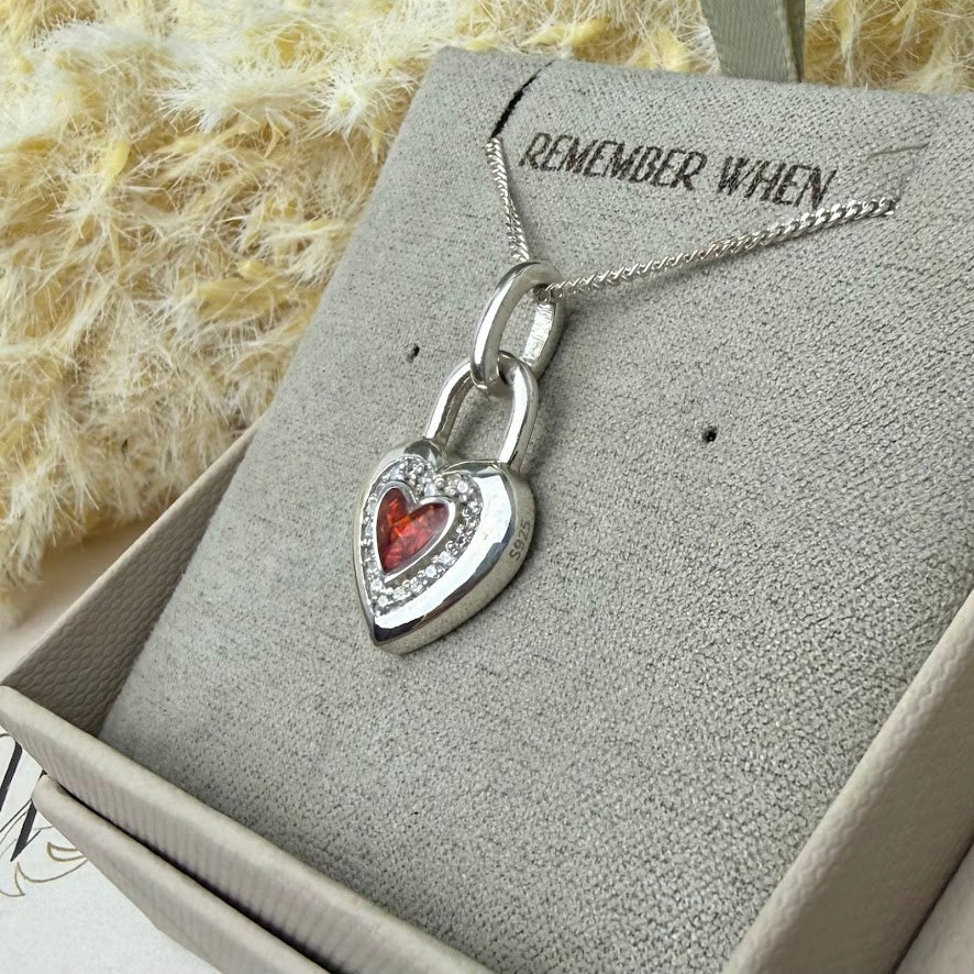Sterling Silver Crystal Solid Heart Lock Memorial Pendant