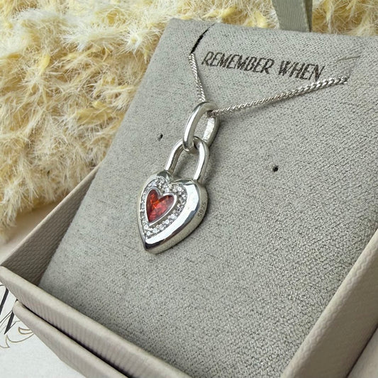 Sterling Silver Crystal Solid Heart Lock Memorial Pendant