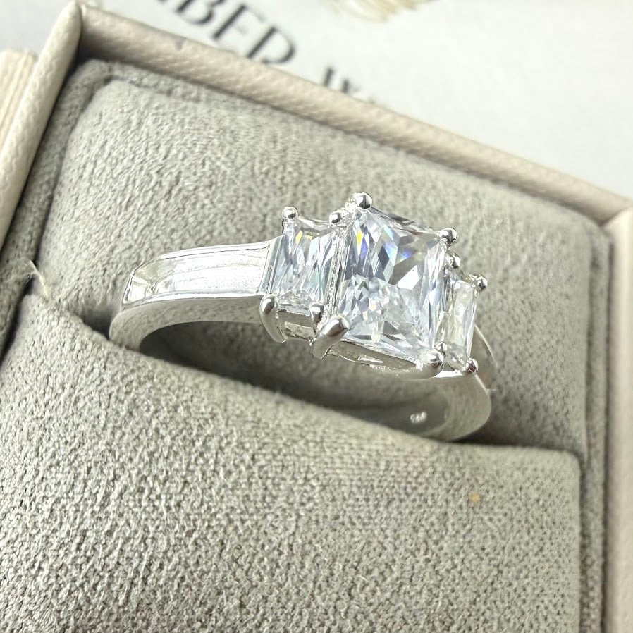 Sterling Silver Triple Emerald Cut Solitaire Memorial Ring