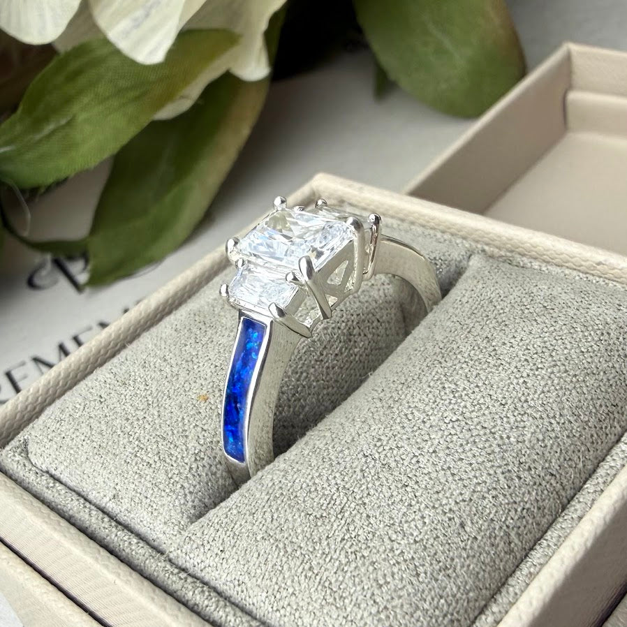 Sterling Silver Triple Emerald Cut Solitaire Memorial Ring