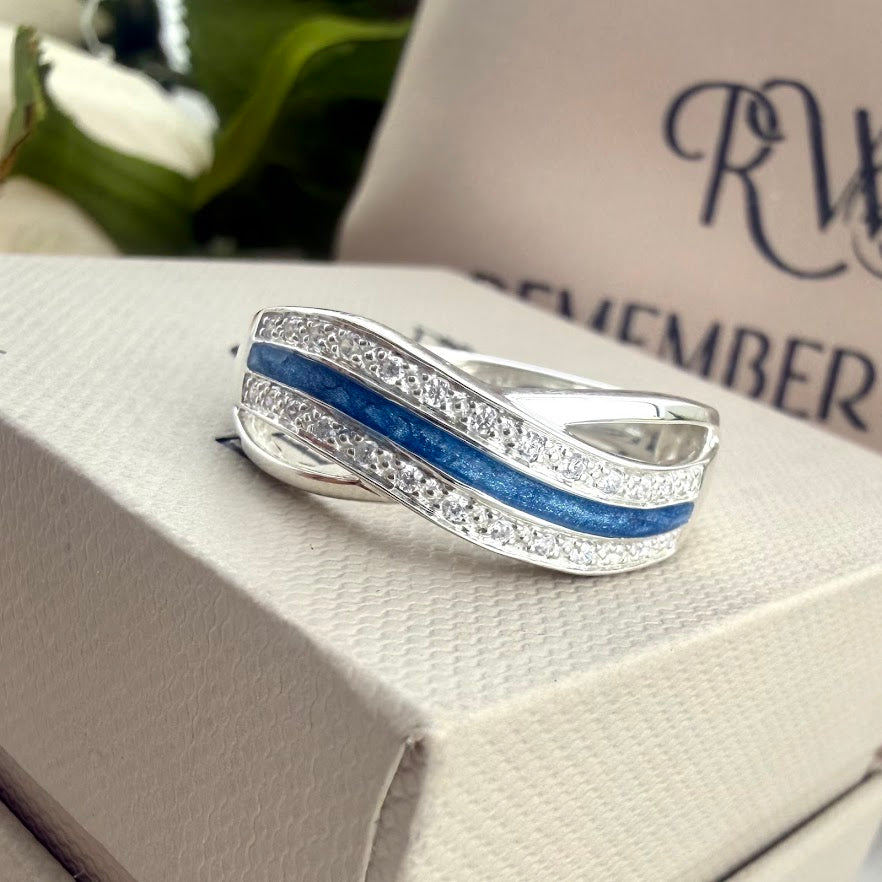 Sterling Silver Crystal Double Wave Wide Memorial Ring