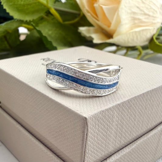 Sterling Silver Crystal Double Wave Wide Memorial Ring