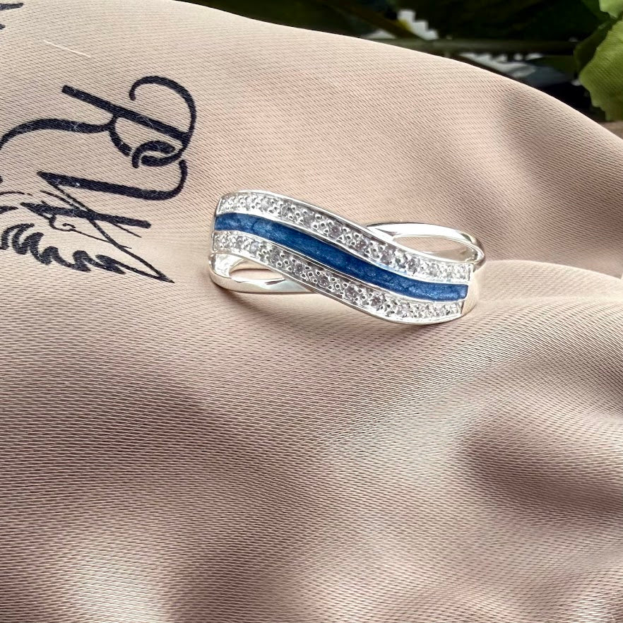 Sterling Silver Crystal Double Wave Wide Memorial Ring