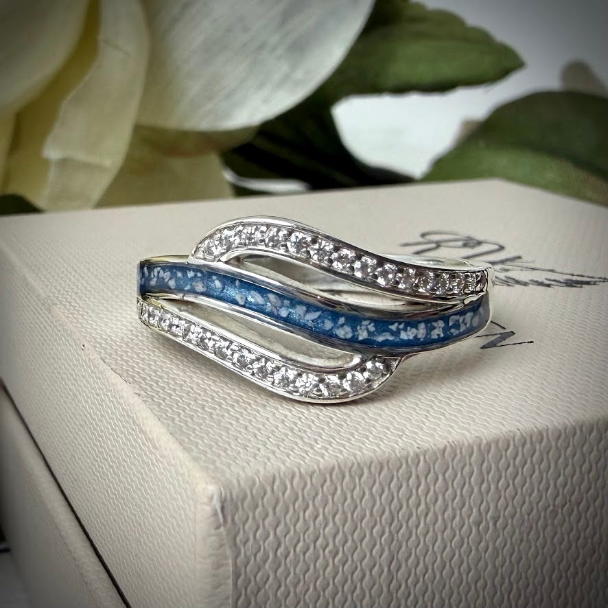 Sterling Silver Crystal Double Wave Memorial Ring