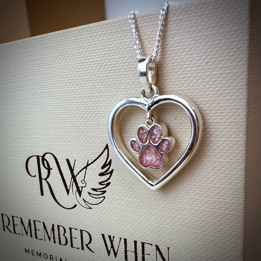Sterling Silver Dangle Paw Heart Memorial Pendant