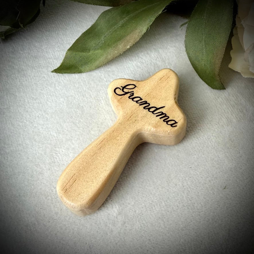 Engraved Wooden Cross Comfort Pebble