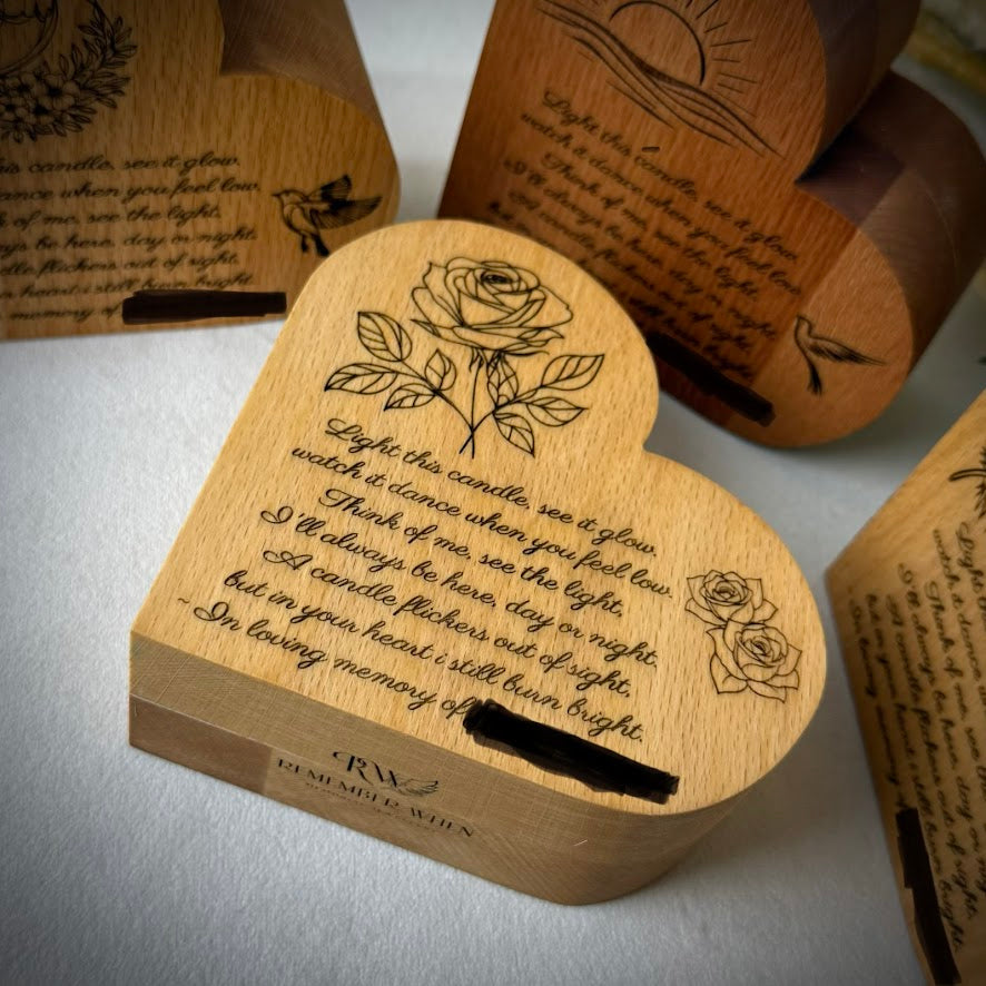 Engraved Wooden Heart Memorial Candle