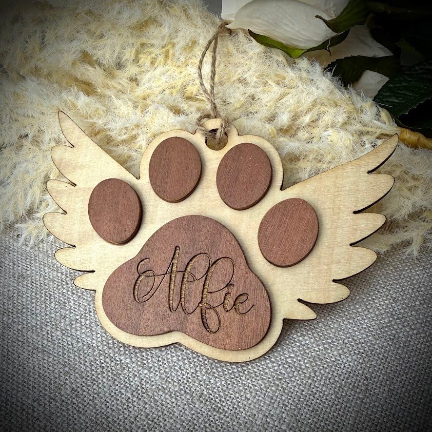 Engraved Wooden Winged Paw Memorial Hanger