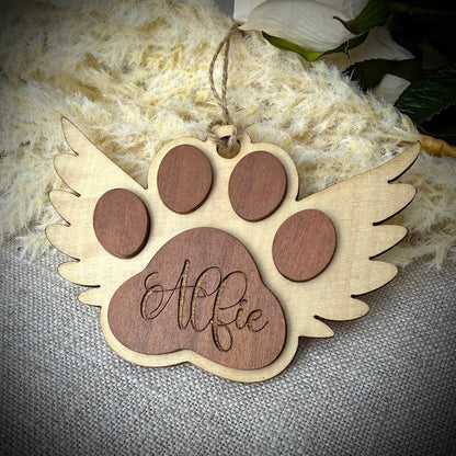 Engraved Wooden Winged Paw Memorial Hanger