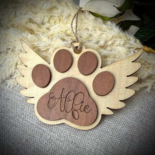 Engraved Wooden Winged Paw Memorial Hanger