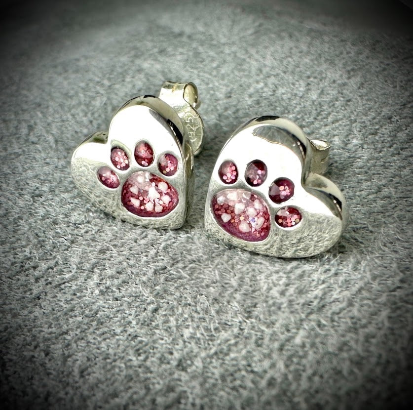 Sterling Silver Heart Paw Stud Memorial Earrings
