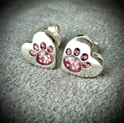 Sterling Silver Heart Paw Stud Memorial Earrings