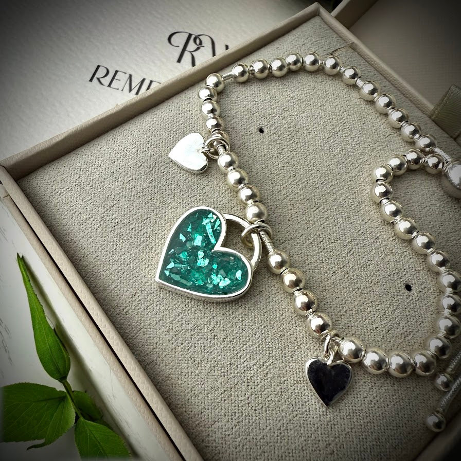 Sterling Silver Beaded heart Adjustable Memorial Bracelet
