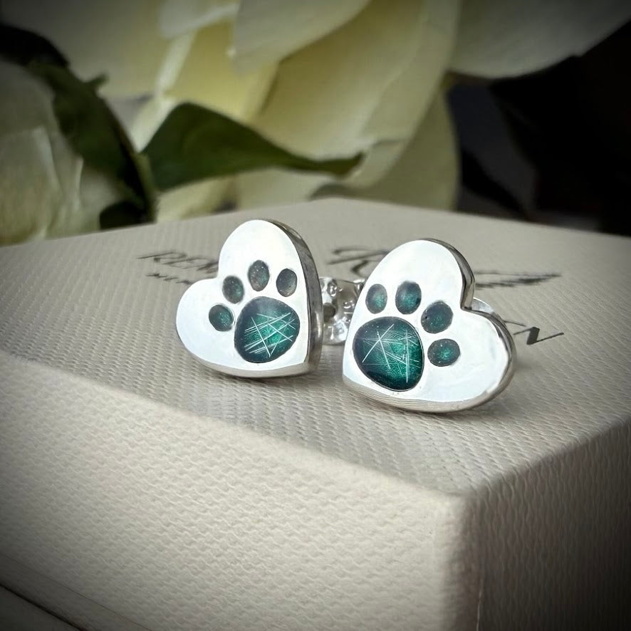 Sterling Silver Heart Paw Stud Memorial Earrings