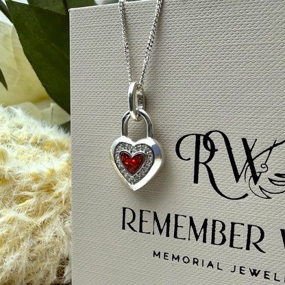 Sterling Silver Crystal Solid Heart Lock Memorial Pendant