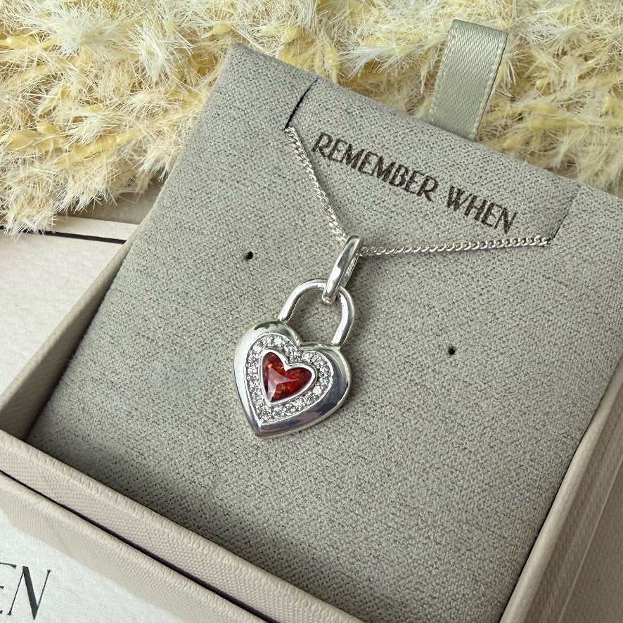 Sterling Silver Crystal Solid Heart Lock Memorial Pendant