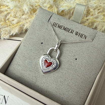 Sterling Silver Crystal Solid Heart Lock Memorial Pendant