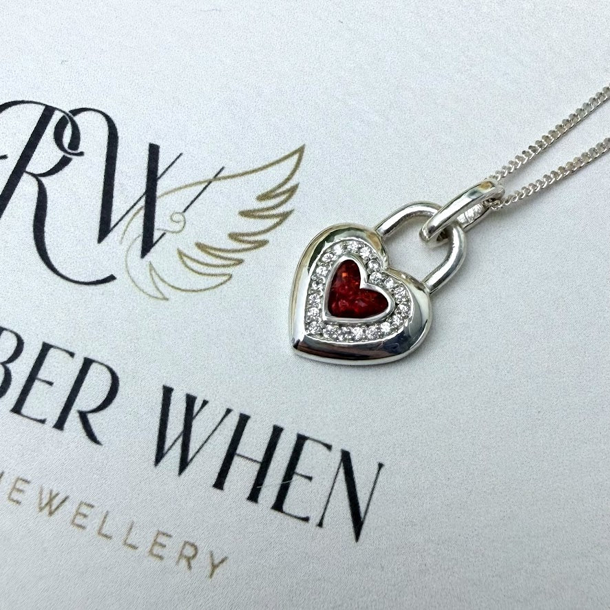 Sterling Silver Crystal Solid Heart Lock Memorial Pendant