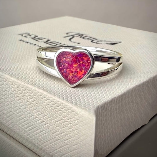 Sterling Silver Double Band Heart Memorial Ring - Size Q Only