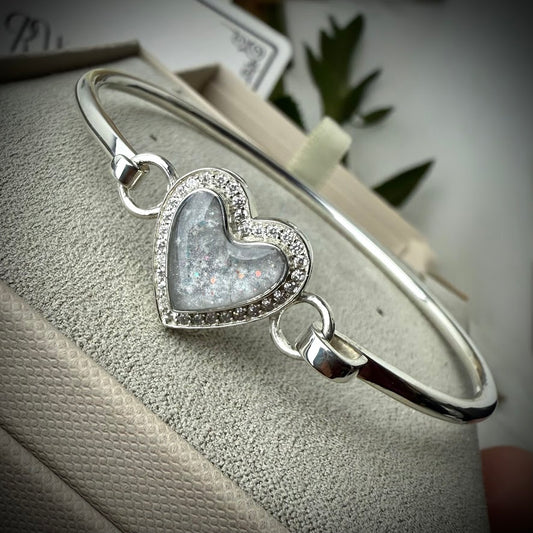 Sterling Silver Crystal Heart Memorial Bangle