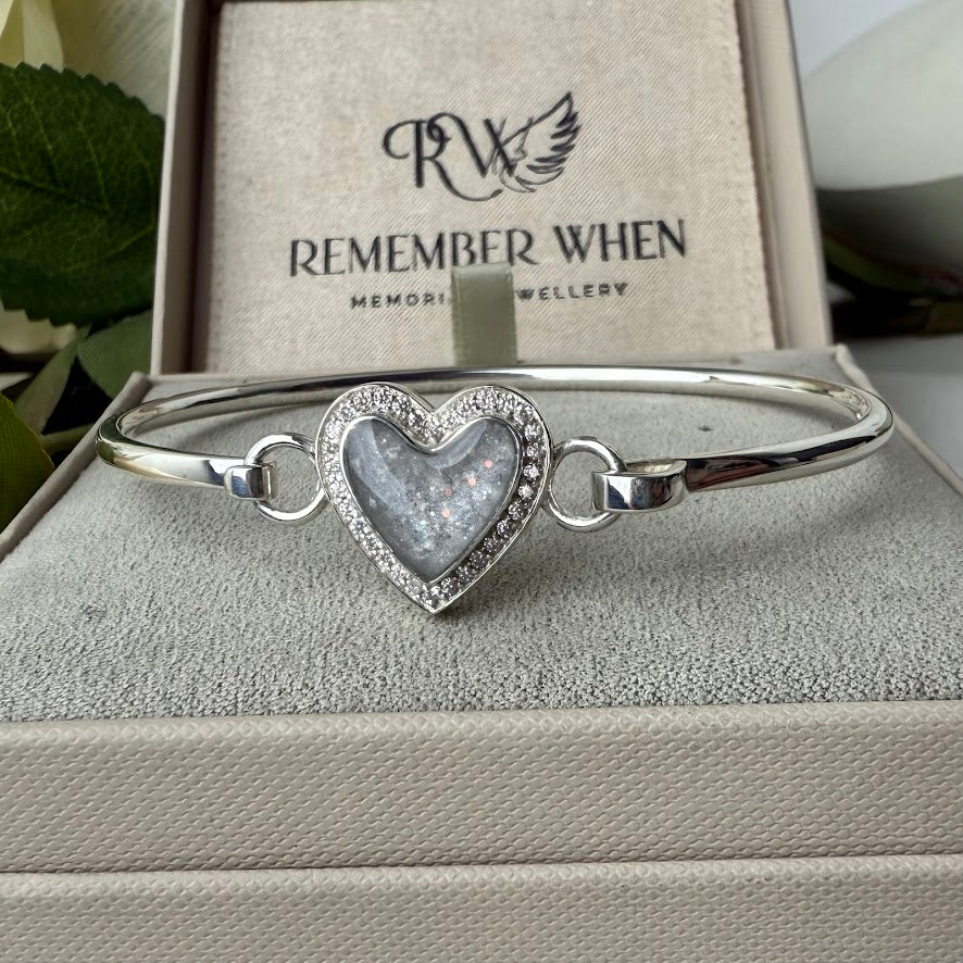Sterling Silver Crystal Heart Memorial Bangle