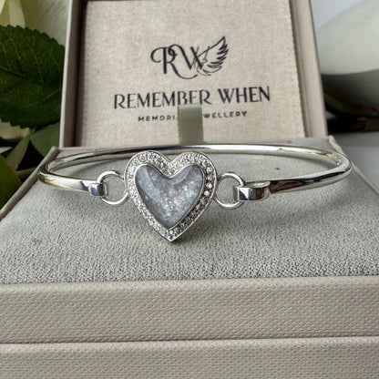 Sterling Silver Crystal Heart Memorial Bangle