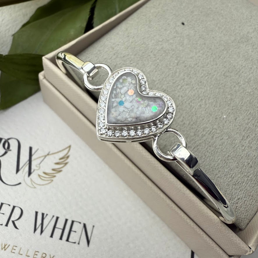 Sterling Silver Crystal Heart Memorial Bangle