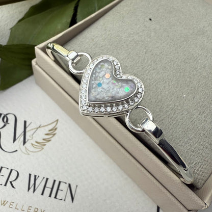 Sterling Silver Crystal Heart Memorial Bangle