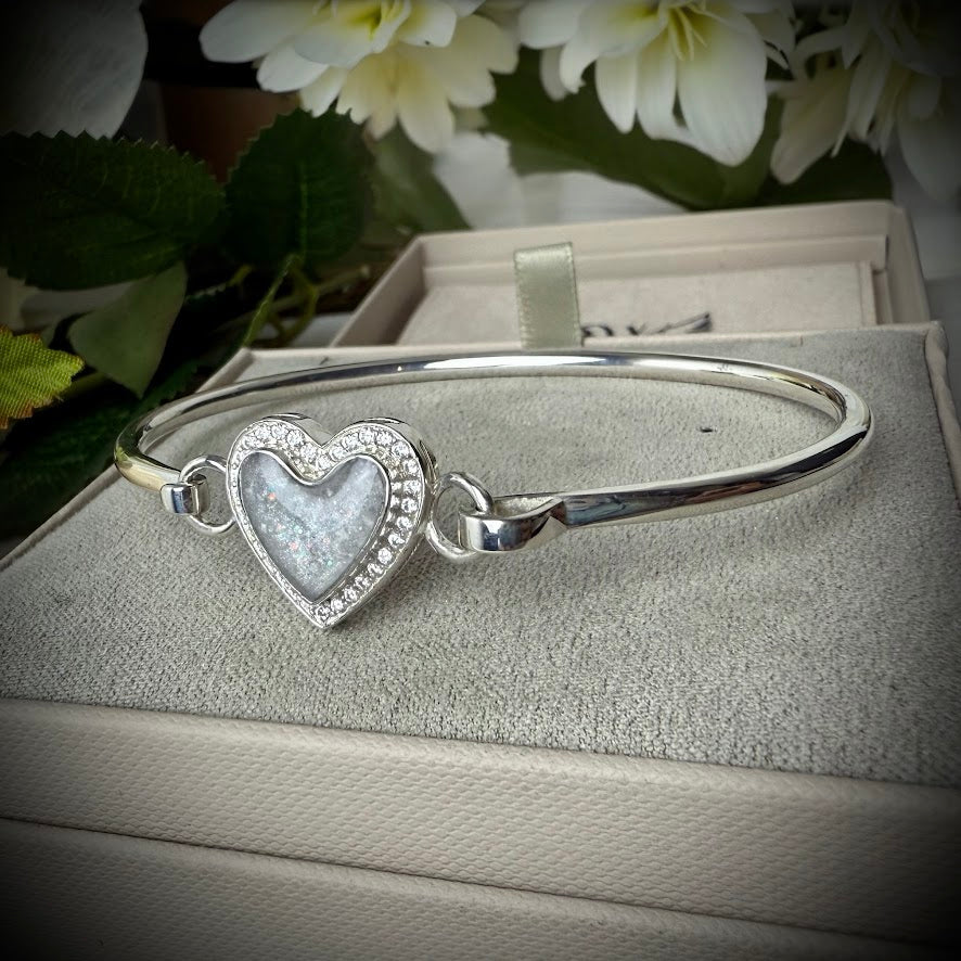 Sterling Silver Crystal Heart Memorial Bangle