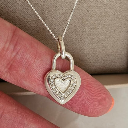 Sterling Silver Crystal Solid Heart Lock Memorial Pendant